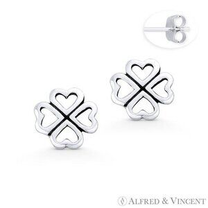 4-Heart Leaf Clover Irish Shamrock Luck Charm .925 Sterling Silver Stud Earrings